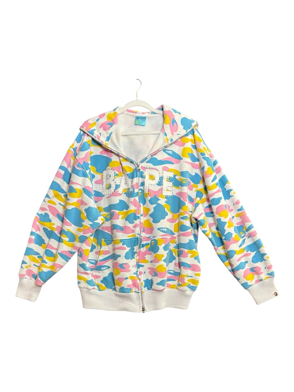 Vtg Men's BAPE Spellout Cotton Candy Camo Full Zip Hoodie Relaxed Fit Sz L
